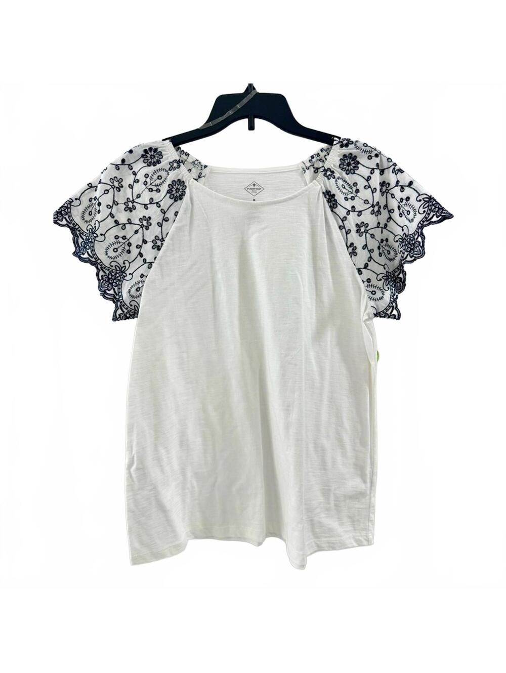 NWT St. John's Bay Embroidered Flutter Sleeve Top Cotton Eyelet White Navy M